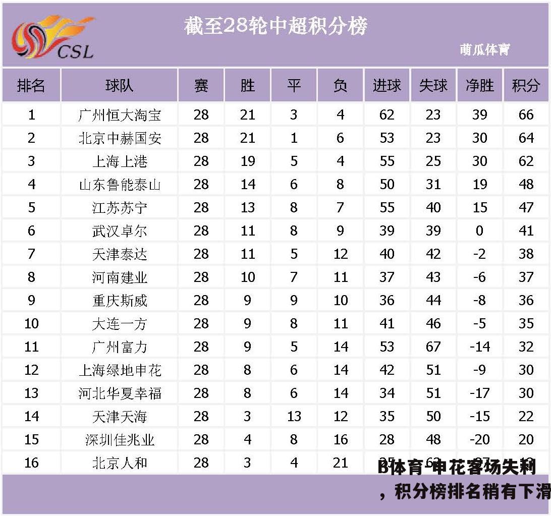 申花客场失利，积分榜排名稍有下滑